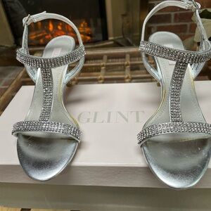 Glint Silver T-Strap Heels with Rhinestones